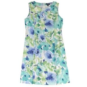 Chaps Dress Womens 12 Blue Green‎ Floral Watercolor Summer Art Deco Cottagecore
